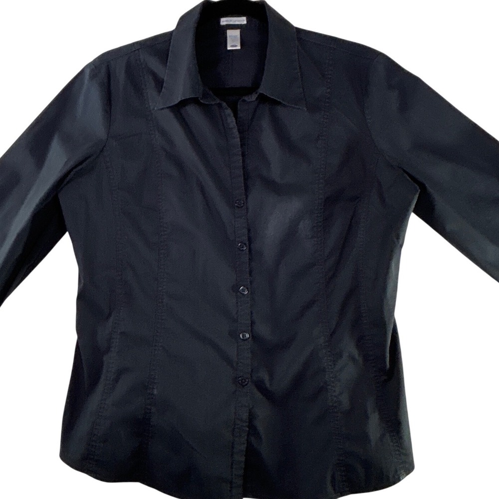 Old Navy Perfect Fit Stretch Black Button Down Shirt 3/4 Sleeve Womens Large